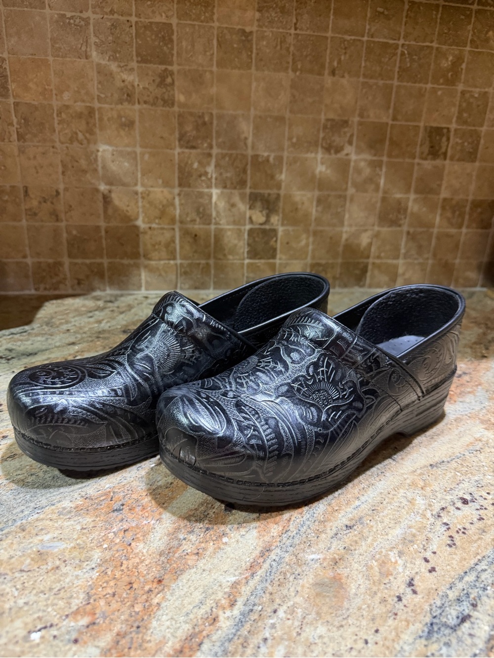 Dansko Professional Black Tooled Leather Clogs